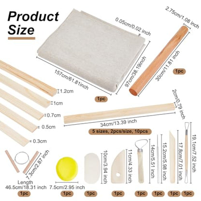 OLYCRAFT 20Pcs Pottery Making Set Includes 1Pcs Wooden Rolling Pin 10Pcs Pottery Rolling Mud Stick Guide 8Pcs Clay Sculpting Tools 1Pcs Portable Linen for Polymer Clay for DIY Beginners