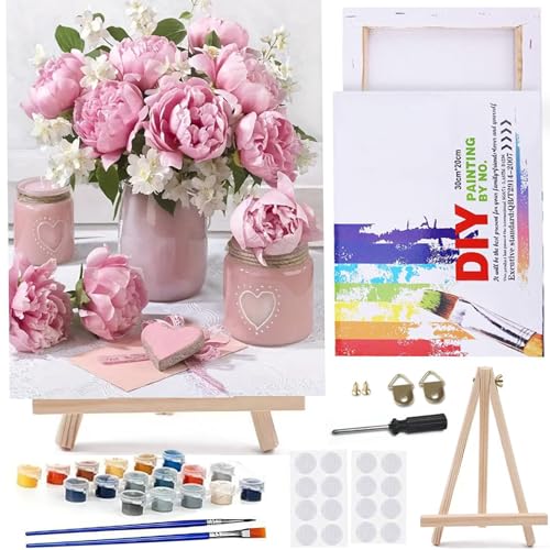 MaiMMaledy Paint by Numbers Kit for Adults Beginners Canvas Pictures with Framed Drawing Painting Acrylic Pigment with Wooden Triangle Easel Pink Flowers 8Wx12L inch - color: Pink Flowers, size: Pink Flowers 8x12inch