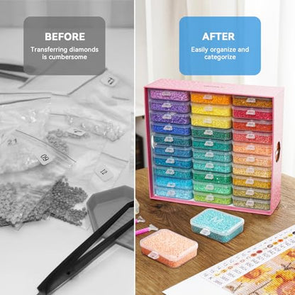 50PCS Diamond Painting Storage Containers Trays with Lids | Diamond Art Beads Storage & Line-Up Trays, Diamond Art Accessories Tools, Diamond Painting Dots Organizer, Pink Box Package - size: 50 Piece Tray Kits