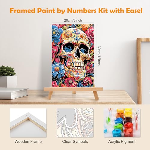 MOGTAA Halloween Paint by Numbers Kit for Adults Beginners with Frame, Skull Adult Paint by Number Kits on Canvas with Easel, Easy DIY Flowers Oil Painting Kits for Home Decor, 8x12in - color: Halloween Skull2