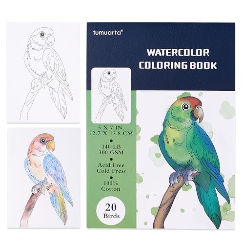 tumuarta Watercolor Coloring Book, 20 Unique Floral Designs, 5x7”, 100% Cotton, 300GSM, 140 LB, 20 Sheets, Cold Press, Acid Free Watercolor Paper Sketchbook, Glue Bound Mixed Media Pad (Flowers)