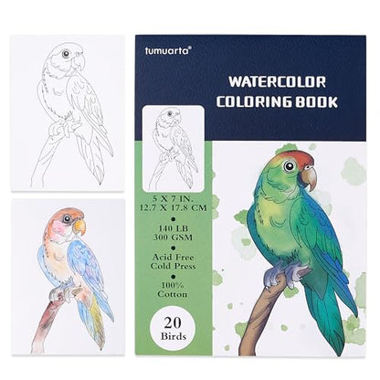 tumuarta Watercolor Coloring Book, 20 Unique Floral Designs, 5x7”, 100% Cotton, 300GSM, 140 LB, 20 Sheets, Cold Press, Acid Free Watercolor Paper Sketchbook, Glue Bound Mixed Media Pad (Flowers)