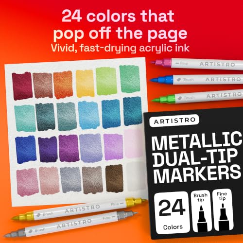 ARTISTRO 24 Metallic Dual-Tip Acrylic Paint Marker Pens for Drawing | For Fabric, Rock, Glass, Wood, & Molds, Arts & Crafts Gift for Adults, Teens, & Kids, Classroom Must Haves & School Supplies