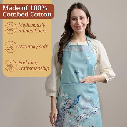 Maison d' Hermine Aprons for women with Pocket 100% Cotton (27.50"x31.50") | Adjustable Neck Strap & long ties Apron Men Chef Wedding Cooking Gardening Server Maid - color: 022 - Peacock Utopia - Pastel Turquoise