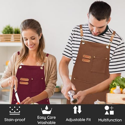 Chef Canvas Aprons with 3 Large Pockets Adjustable Strap for Men Women - color: Brown