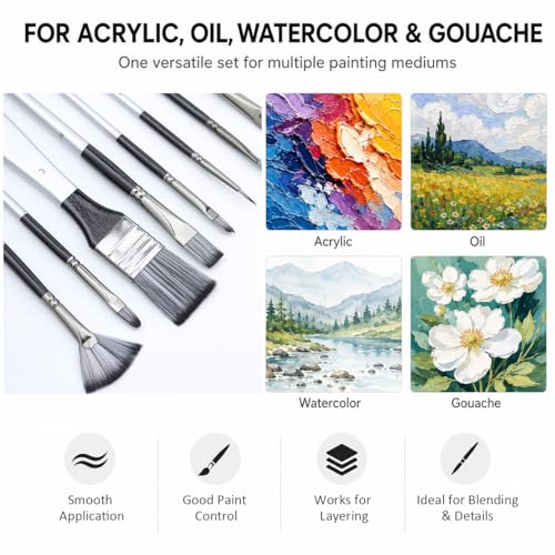 JYN‑ANREN 24Pcs Paint Brush Set, Professional 9 Shapes: Wide Flat, Filbert, Fan, Dagger, Cat Tongue, Round etc, for Acrylic, Oil, Watercolor, Includes Palette Knife & Waterproof Canvas Roll
