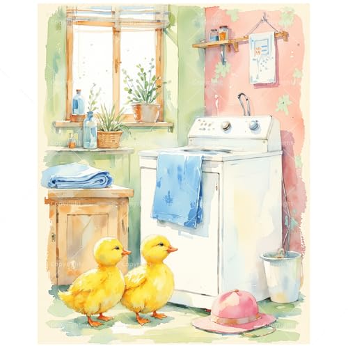 TAOPAOLAB Washing Machine Paint by Numbers Kit for Adults - DIY Ducklings Standing in Laundry Room Painting on Canvas 8x12n, Framed Acrylic Paint Set for Beginners, Art for Decoration/Gifts - color: FM05344, size: 8×12in Framed
