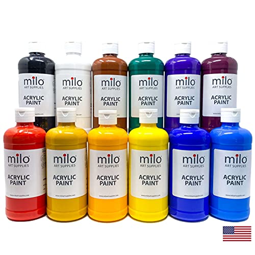 milo Acrylic Paint Set, 12 Primary Colors, 16 oz Bottles, Semi-Gloss | Safe, Non-Toxic, Made in the USA, Arts & Crafts Paints for Artists, Student & Hobby Painters, Paint Pack, Classroom, Bulk - style: Primary Set 12 x 16 oz