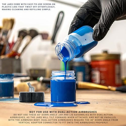Master Airbrush (Pack of 10) TB-003 Empty 3/4 Ounce (22cc) Glass Jar Bottles with 60° Down Angle Adaptor Lid Assembly - Fits Single-Action Siphon Feed Airbrushes, Use with Master Badger Paasche, Iwata - size: 0.75oz - Glass - 60°