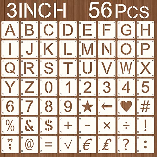 Augshy 56 Pcs Letter Stencils, 3 Inch Reusable Craft Kit for Fabric | Interlocking Templates Kit, Letter Numbers Symbol, for Wood Wall Rock Chalkboard, Signage DIY School Art Projects - style: Letter