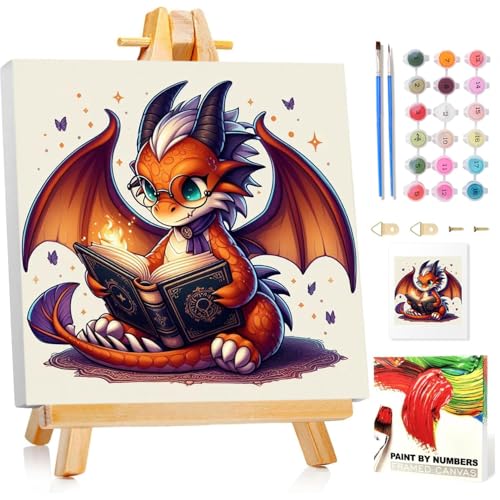 Dragon Paint by Numbers Kit for Kids, 8x8 inch | DIY Paint by Numbers for Kids, Ages 4-8-12, with Frame, Wooden Easel, Gifts Box, Fun and Relaxing,Home Wall Decor - color: Dragon