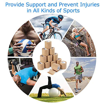 LotFancy Self Adhesive Bandage Wrap, 12 Pack, 2" x 5 Yards Non Woven Medical Tape, Latex Free, First Aid Tape for Athletic Wrist Ankle Sprains Swelling, Tan Color - size: 2x180 Inch (Pack of 12)