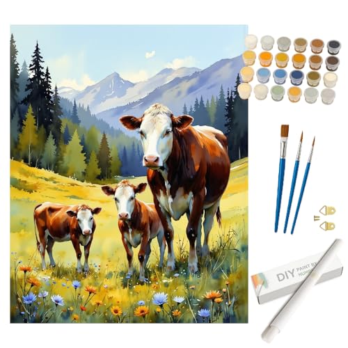Farm Animal Paint by Numbers Kit for Adults - DIY Cow Family in Mountain Field with Wildflowers Painting on Rolled Canvas 16x20In, Acrylic Paint Set for Beginners, Art for Home Decoration or Gifts - color: HSX01598, size: 16X20IN Rolled