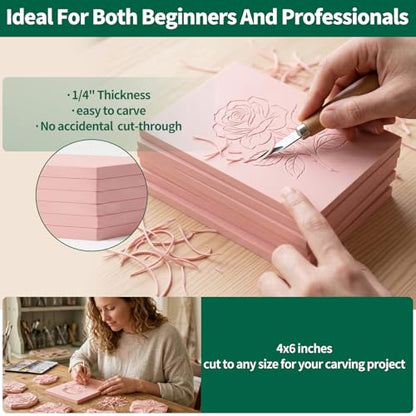 Yauhar 15Pcs 4" x 6" Linocut Carving Kit for Beginner, Pink Rubber Linoleum Printing Blocks, Hobby Crafting Kits Birthday Gift for Printmaking, Stamp Making, and DIY Art Projects