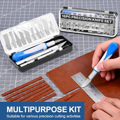 16 Pcs Craft Knife Set Exacto 3 Handles 10 Blades | High-Carbon Steel, Anti-Slip Silicone Handle, for Scrapbooking Stencil Architecture Wood Leather, Light Medium Heavy Duty