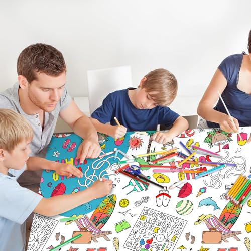 Giant Hello Summer Party Coloring Tablecloth for Kids - Huge Summer Theme Table Cover Large Watermelon Ice Cream Painting Poster for Children Birthday Party Supplies 54x108 Inch - color: Hello Summer