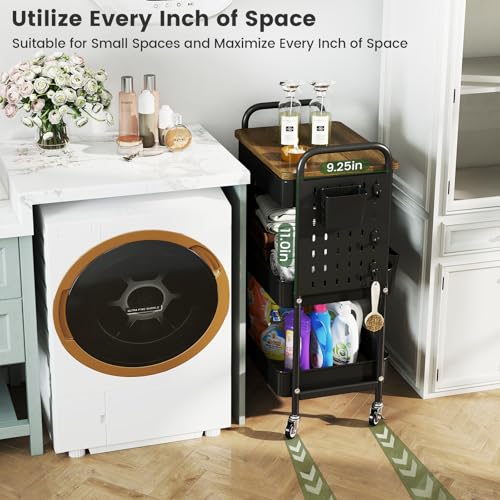danpinera 3-Tier Rolling Cart, Metal Rolling Storage Cart with Wooden Table Top & DIY Pegboards, Storage Cart with Wheels, Hooks & Hanging Cups, Storage Organizer Cart Craft Art Cart, Black