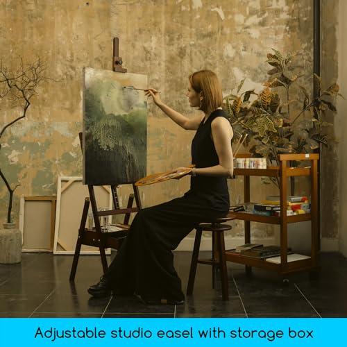 MEEDEN Studio H-Frame Easel with Storage Drawer - Adjustable (60"~75") Forward Tilting Solid Beech Wood Easel Stand for Artists, Students & Beginners, Holds Canvas Art up to 36", Deep Walnut - color: Walnut Color