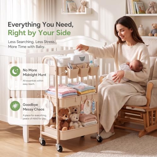 Beige 3 Tier Rolling Cart Metal on Wheels, Three Tiered Storage Organizer Utility Trolley with Wheels for Art, Craft, Baby Diaper Caddy, Snack, Book, Nail, Lash, Cleaning Supplies, Kitchen, Bathroom - color: Light Beige