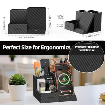 TopMade Wireless Charger Nightstand Organizer, Multi-Functional Pen/Pencil/Remote Holder for Desk, Leather Desktop Organizers, Home Office Supplies Fast Phone Charging Stand, Black Carbon Fiber - color: Black Carbon Fiber