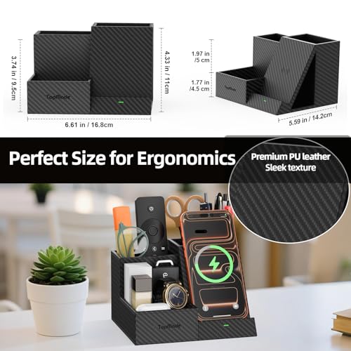 TopMade Wireless Charger Nightstand Organizer, Multi-Functional Pen/Pencil/Remote Holder for Desk, Leather Desktop Organizers, Home Office Supplies Fast Phone Charging Stand, Black Carbon Fiber - color: Black Carbon Fiber