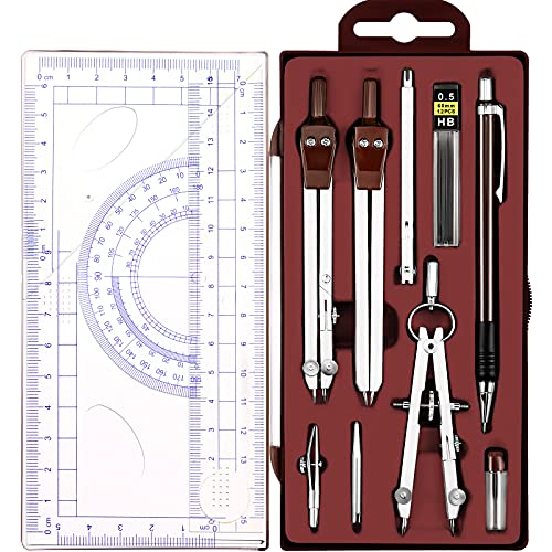 Outus 13 Pcs Geometry Set for Students Metal Compass Math Protractor | Rulers Mechanical Pencil Lead Refills Storage Box Protractors Kit for School Class Student Drafting Drawing - color: Brown