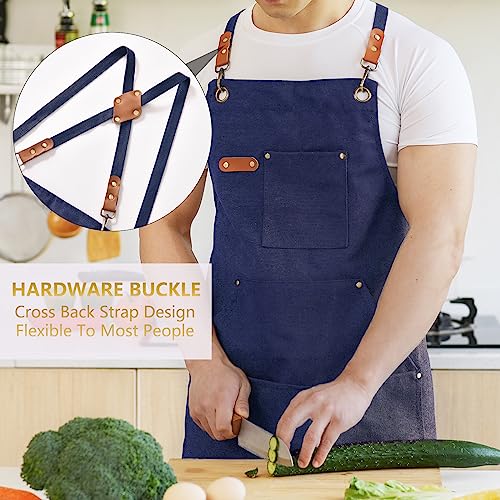Aoomzoon Canvas Aprons for Men Chef Apron, Work Apron with Large Pockets - 16oz Heavy Duty Cross Back, BBQ, Cooking - color: Blue