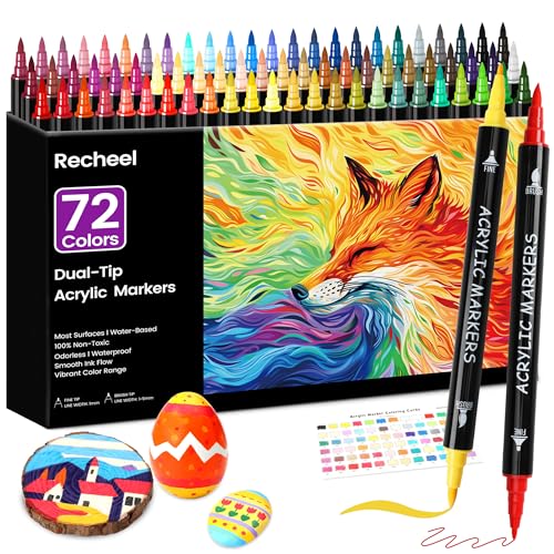 Recheel Acrylic Paint Markers, 72 Colors Dual Tip Fine & Brush Pens for Art | For Rock, Wood, Canvas, Glass, Ceramic & More, Perfect for Multi-Surface DIY Crafts and Creative Art Projects - style: 72 Colors