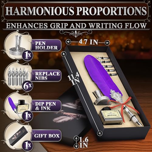 Lagarto Feather Pen and Ink Set, 11.4", 6 Steel Nibs, Inkwell (Purple) | Quill Pen and Ink Set, Beginner Calligraphy Dip Kit with Antique Handle, Gift Box; for Signatures, Letters and Vintage Decor - color: Purple