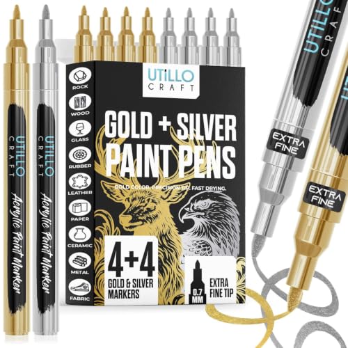 Utillo Craft Gold and Silver Paint Pens (8-Pack), 0.7mm Extra Fine Markers - color: Gold+Silver