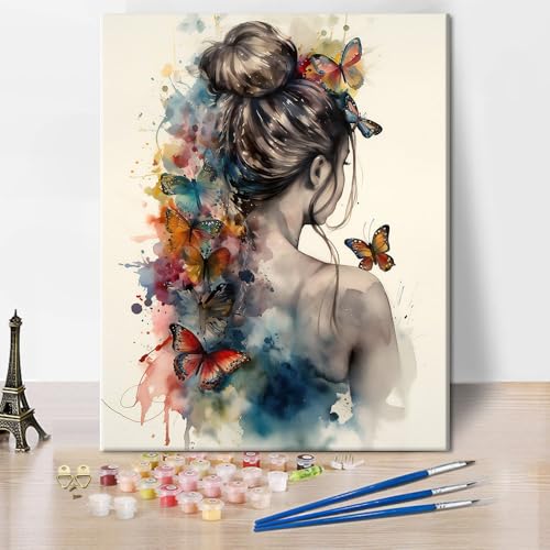 TUMOVO Acrylic Paint by Numbers Kit for Adults Woman with Butterflies | butterflys on woman back 16x20 inch pre-numbered canvas with acrylic paints, match numbers to colors, no color mixing needed. - color: Woman
