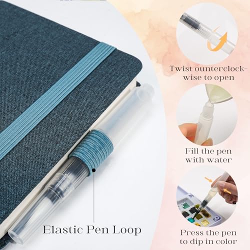 Watercolor Journal Sketchbook 5.5x8.2 24 Sheets Navy Blue | Cotton paper, 140 LB 300 GSM, Linen cover, Tap Water Pen, Travel sketching - color: Navy Blue, size: 5.5x 8.2 Inch