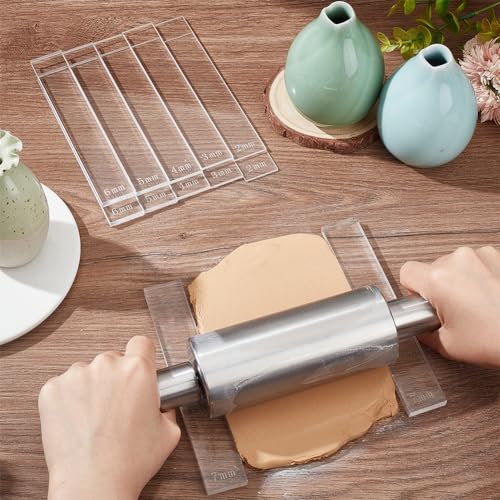 BENECREAT 12Pcs 6 Size Acrylic Polymer Clay Depth Guide Set, 2,3,4,5,6,7mmAdjustable Clay Rolling Pin Guide with Protective Film for Polymer Earrings, Roller Depth Guides