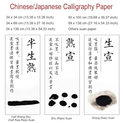 KYMY Chinese Japanese Calligraphy Paper 100PCS, Sumi/Rice Paper for Writing Painting Drawing Practice, Chinese Brush Ink Half Sheng Shu (Half Raw Ripe) Xuan Paper (69 x 138 cm (27.16 x 54.33 Inch)) - size: Half Sheng Shu(Raw Ripe) 69x138cm(27.2 x 54.3In)
