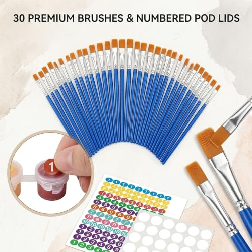 30 Empty Paint Containers with Lids - Mini Paint Pods | 180 Paint Pots Container Strips (3ml/0.1oz), 40 Flat Paint Brushes, 260 Labels for Color Organization,140 blank labels - color: 30 Strips+40 Flat Brush+260 Labels