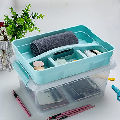 BTSKY Stack & Carry Box, Clear Plastic Storage Container Stackable Home Utility Box with Removable Tray Multi-Purpose Storage Bin for Organizing Stationery, Sewing, Art Craft Supplies(Blue) | Stackable Home Utility Box Multi-Purpose Storage Bin for Organi