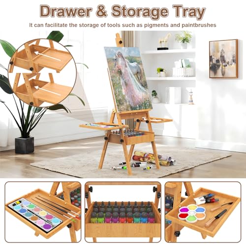 Large Beech Wood H-Frame Easel, Professional Painting Easel with 2 Palette - color: Natural