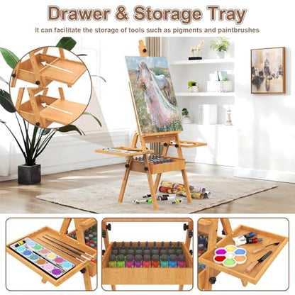 Large Beech Wood H-Frame Easel, Professional Painting Easel with 2 Palette - color: Natural