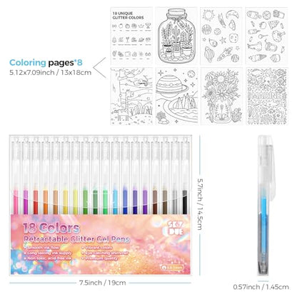 SKYDUE Glitter Gel Pens Set of 18 Colors | Sparkle Fine Point Pens, Non-Toxic, Ideal for Adult Coloring Books, Drawing, Journaling, Scrapbooking & DIY Crafts