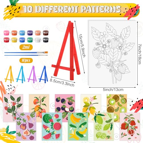 Blosssound 10 Set Pre Printed Canvas Pre Drawn Canvas Painting with Easel Kits 5" x 7" Outline Painting Panels for Beginners, DIY Craft Project, Home Decors(Fruit) - style: Fruit