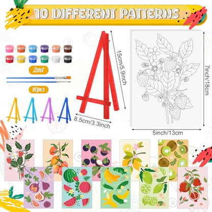Blosssound 10 Set Pre Printed Canvas Pre Drawn Canvas Painting with Easel Kits 5" x 7" Outline Painting Panels for Beginners, DIY Craft Project, Home Decors(Fruit) - style: Fruit