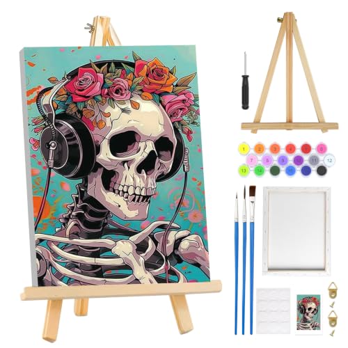 MOGTAA Halloween Paint by Numbers Kit for Adults Beginners with Frame, Skeleton Adult Paint by Number Kits on Canvas with Easel, Easy DIY Flowers Oil Painting Kits for Home Decor, 8x12in - color: Skeleton