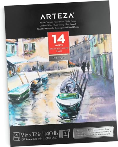 ARTEZA Watercolor Paper, 14 Sheets, 9x12 Inches Watercolor Pad, 140lb/300gsm, 100% Cotton, Double-Sided, Cold Press, Acid Free Art Paper - style: 14 Sheets (Double Sided)