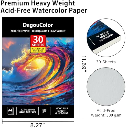 DagouColor Watercolor Paper Pad, 30 Sheets - Ocean Blue, A4, 1 Pack | 140lb/300gsm Cold-pressed Paper, Artist Book for Adults Beginners, Painting, Drawing, Mixed Media - color: Ocean Blue