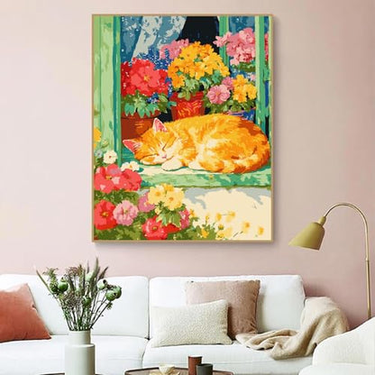 Paint by Numbers Kit for Adults Beginner,Cat Sleeping Flowers,16x20 | Full set with wooden brushes,rolled canvas,rich paints.Calming activity.Beginner friendly.Just open and paint. - color: 16"X20"Rolled Canvas(Frameless)-Cat 4