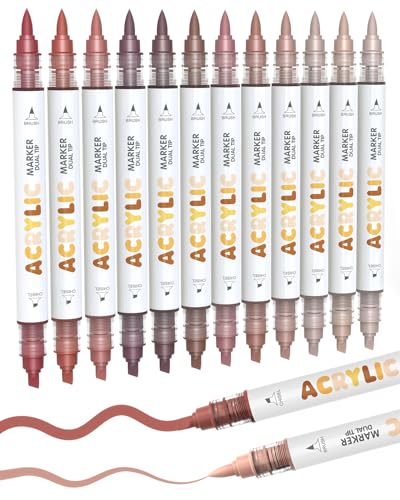 Guangna 12 Red Brown Dual Tip Acrylic Paint Markers, Brush Tip & Chisel Tip Acrylic Paint Pens for Pumpkin Paint, Rock, Wood, Glass, Paper, Coloring Book, Ceramic, Canvas, Water-Based Ink - color: Reddish Brown