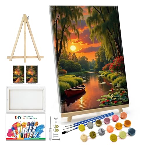 JOOZ Landscape Paint by Numbers Kit for Adults with Frame Sunset Paint by Number with Easel Boat Adult Paint by Number Kits Framed Canvas Boat Oil Painting Kits for Home Wall Decor 8x12 Inch - color: Landscape 070