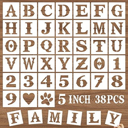 5 Inch Letter Stencils and Numbers, 38 Pcs Alphabet DIY Craft Stencils, Reusable Plastic Drawing Templates for Painting on Wood, Wall, Fabric, Rock, Floor, Signage, Door Porch - size: 5 Inch