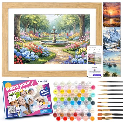 Caydo 4 Pack Custom Paint by Numbers from Photo, 4 Pack, 8"x11" | for Adults via App, Frame & 10 Brushes & 60 Colors, Crafts Gift for Beginner to Create Home Art Decor - size: 8.3"x11.7" with Frame