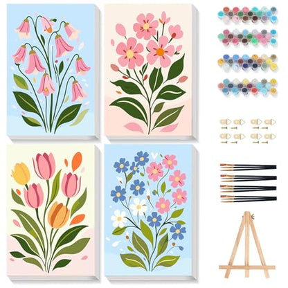Gemozaic 4 Pack Paint by Numbers Kit for Adults with Frame, Easy Flowers - color: BKH2558-BKH2561